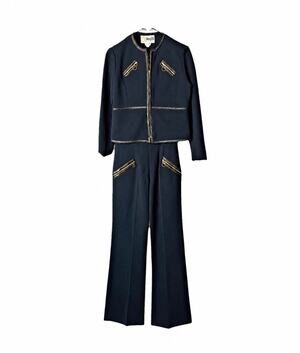 Vtg Wenjilli Womens XS Navy Blue Pants & Jacket 2 pc Suit 60s 70s Wool Retro Mod